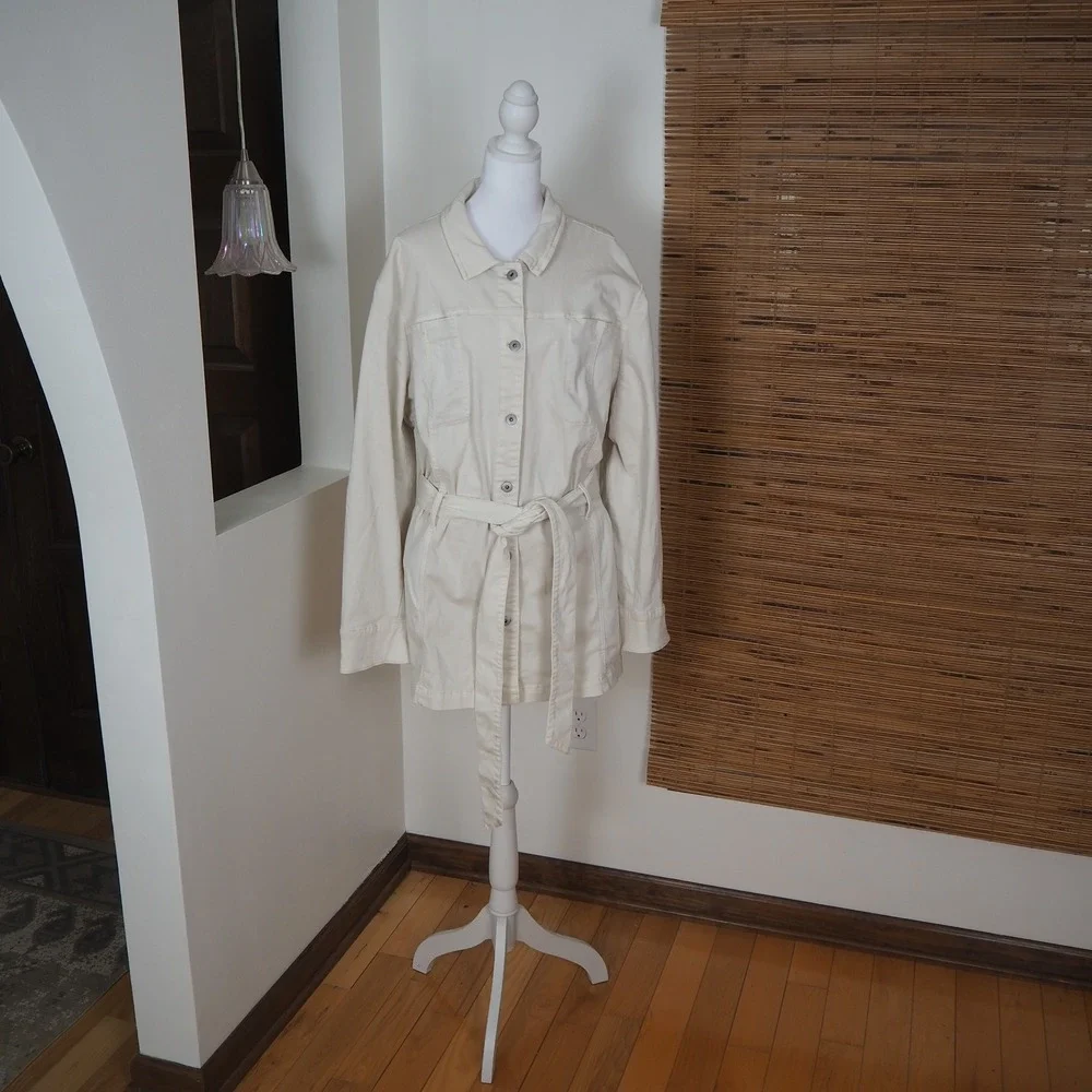 NWT J. Jill Cream Denim Belted Duster Trench Coat Size 3X Light Jacket in Barley - Picture 2 of 16
